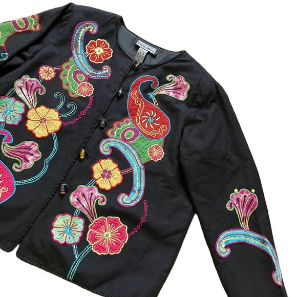 Indigo Moon Flower Applique Jacket Glass Buttons Black with Colorful Floral - Picture 4 of 7